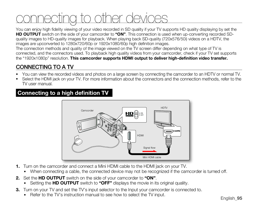 Samsung SMX-K40SP/EDC, SMX-K45BP/EDC, SMX-K40LP/EDC, SMX-K400BP/EDC manual Connecting to other devices, Connecting to a TV 