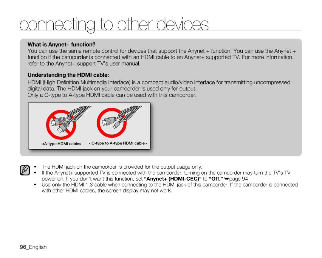 Samsung SMX-K45BP/EDC, SMX-K40SP/EDC, SMX-K40LP/EDC, SMX-K400BP/EDC WhatisAnynet+function? UnderstandingtheHDMIcable 