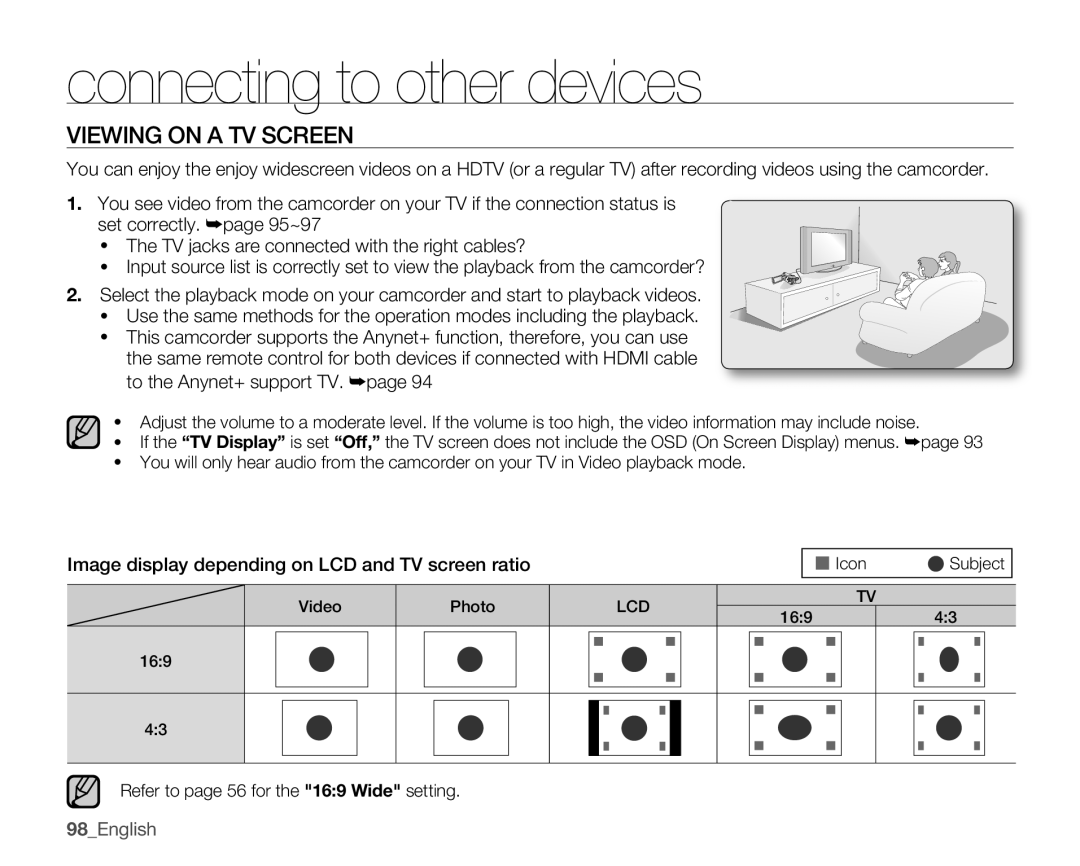 Samsung SMX-K400BP/EDC, SMX-K40SP/EDC, SMX-K45BP/EDC manual Viewing on a TV Screen, To the Anynet+ support TV, Icon Subject 