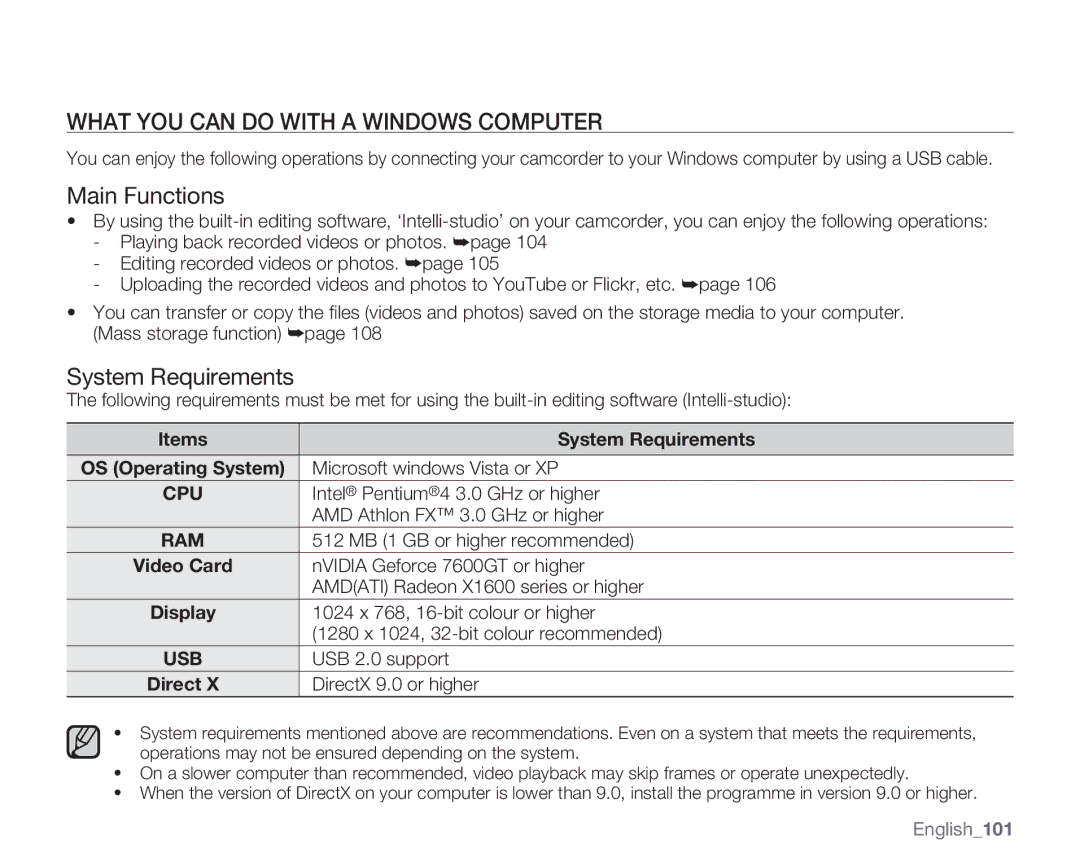 Samsung SMX-K45BP/MEA, SMX-K40SP/EDC manual What YOU can do with a Windows Computer, Main Functions, System Requirements 