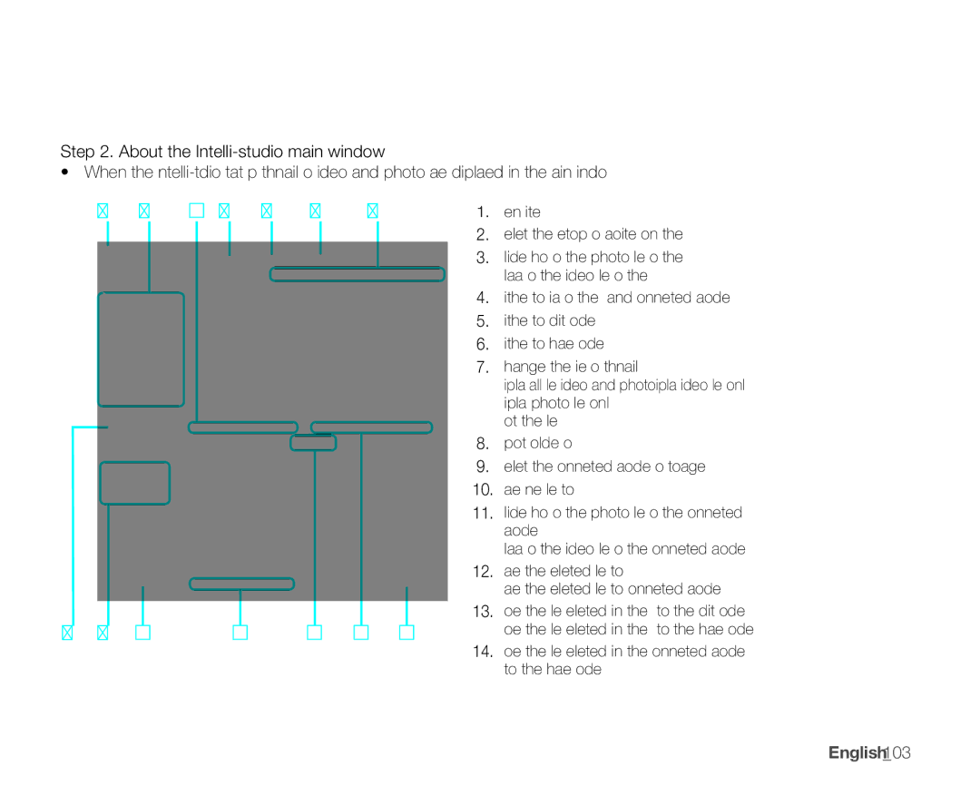 Samsung SMX-K40BP/MEA manual About the Intelli-studio main window, Menu items Selects the Desktop or Favorite on the PC 