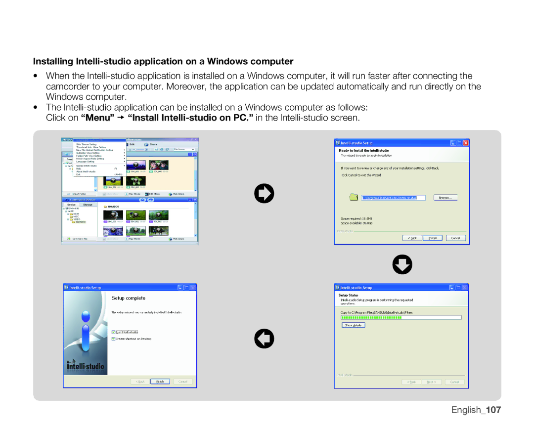 Samsung SMX-K45LP/EDC, SMX-K40SP/EDC, SMX-K45BP/EDC manual Installing Intelli-studio application on a Windows computer 