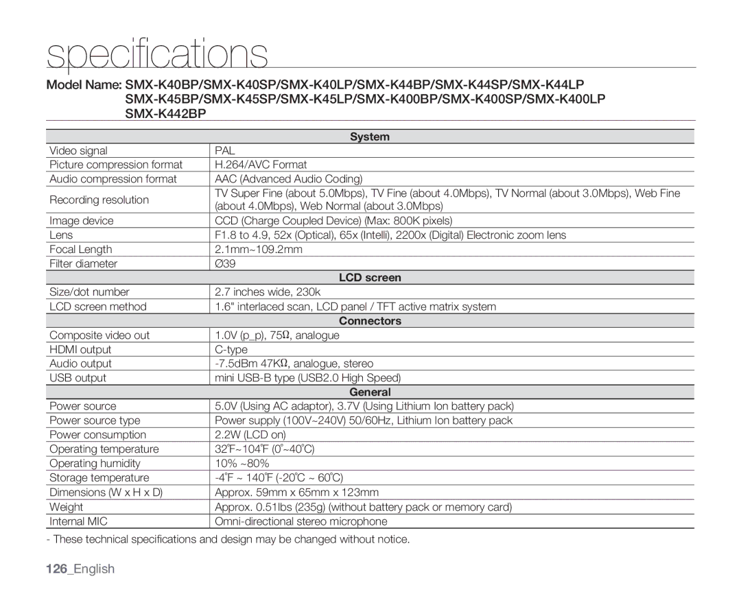 Samsung SMX-K44LP/EDC, SMX-K40SP/EDC, SMX-K45BP/EDC, SMX-K40LP/EDC, SMX-K400BP/EDC, SMX-K44BP/EDC manual Specifications, System 