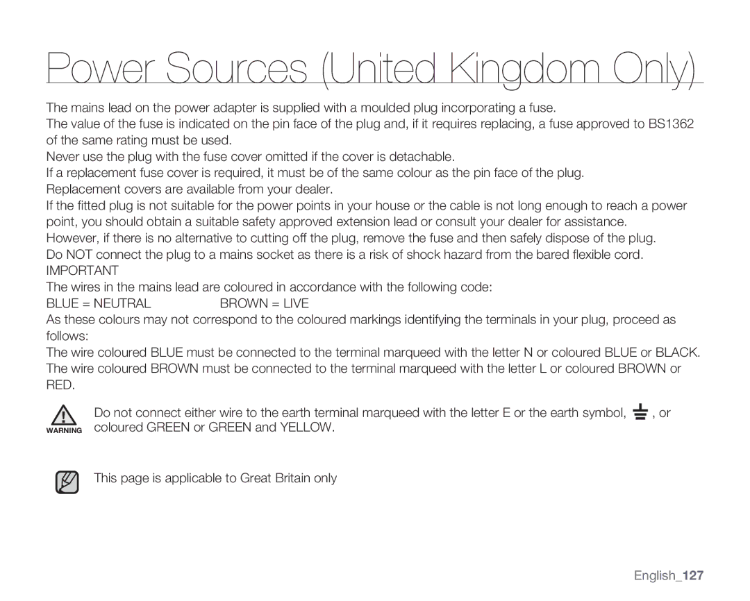 Samsung SMX-K40BP/XEB, SMX-K40SP/EDC, SMX-K45BP/EDC, SMX-K40LP/EDC, SMX-K400BP/EDC manual Power Sources United Kingdom Only 