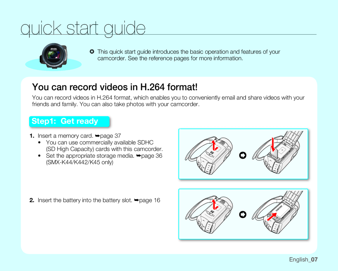 Samsung SMX-K40SP/XIL, SMX-K40SP/EDC, SMX-K45BP/EDC, SMX-K40LP/EDC, SMX-K400BP/EDC Quick start guide, Insert a memory card 