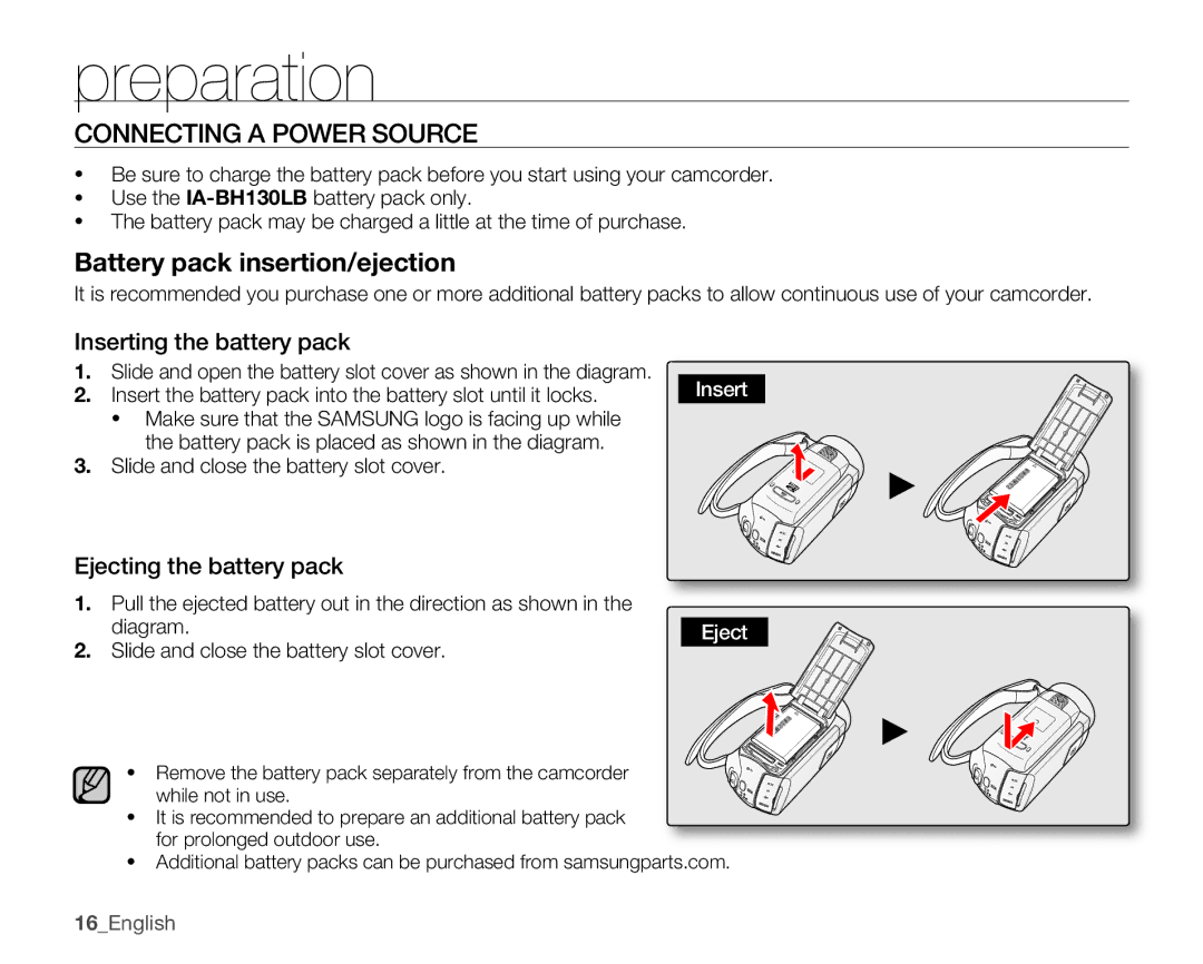 Samsung SMX-K40BP/EDC, SMX-K40SP/EDC manual Connecting a Power Source, Inserting the battery pack, Ejecting the battery pack 