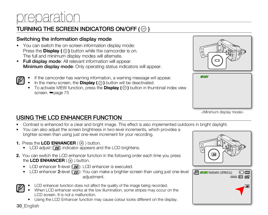 Samsung SMX-K45BP/XIL, SMX-K40SP/EDC, SMX-K45BP/EDC Turning the Screen Indicators ON/OFF, Using the LCD Enhancer Function 