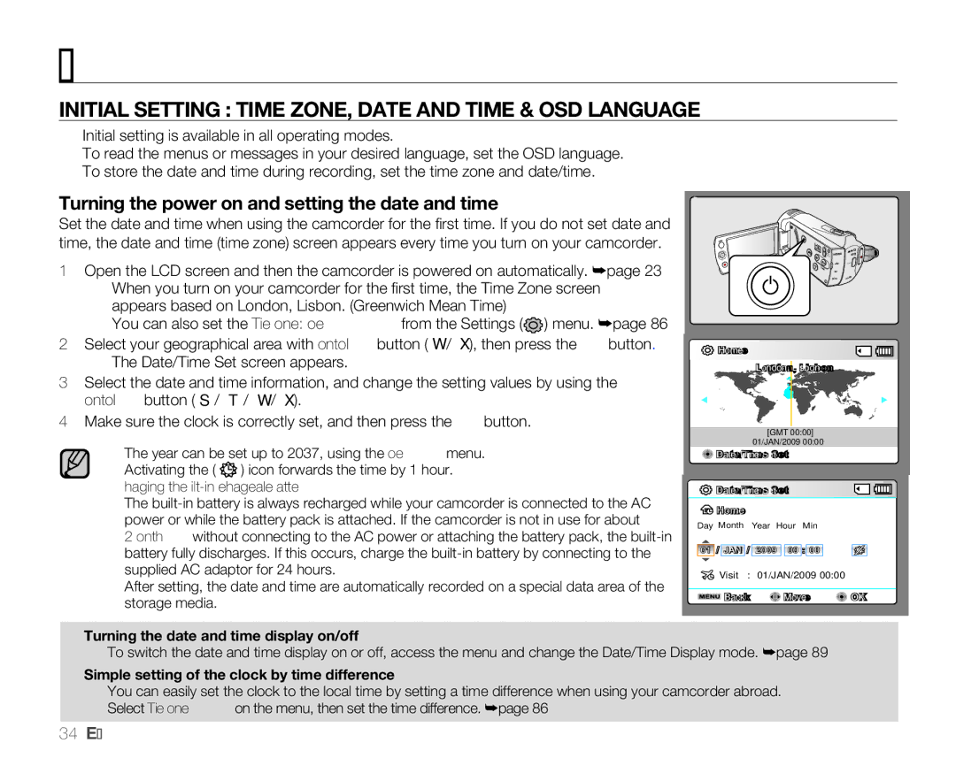 Samsung SMX-K40LP/EDC, SMX-K40SP/EDC, SMX-K45BP/EDC, SMX-K400BP/EDC Initial Setting Time ZONE, Date and Time & OSD Language 