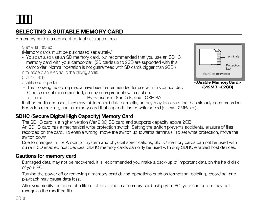 Samsung SMX-K45BP/MEA, SMX-K40SP/EDC manual Selecting a Suitable Memory Card, Sdhc Secure Digital High Capacity Memory Card 