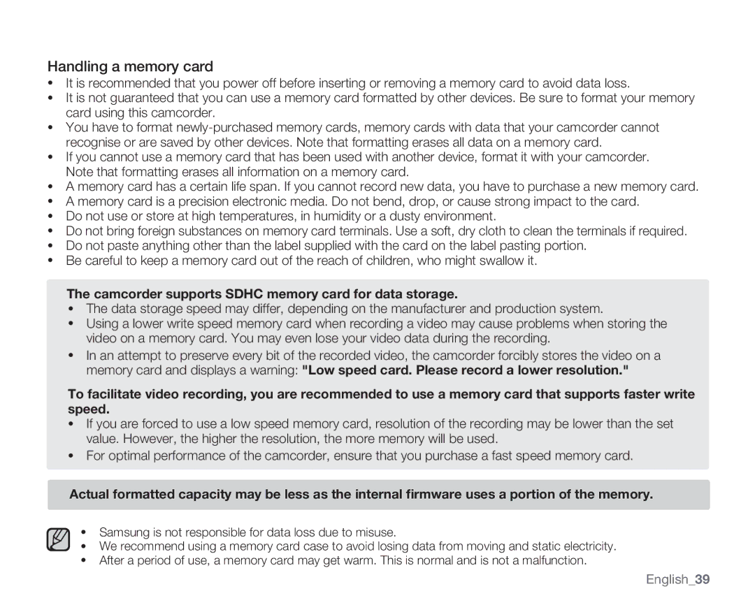 Samsung SMX-K44BP/XSH, SMX-K40SP/EDC manual Handling a memory card, Camcorder supports Sdhc memory card for data storage 