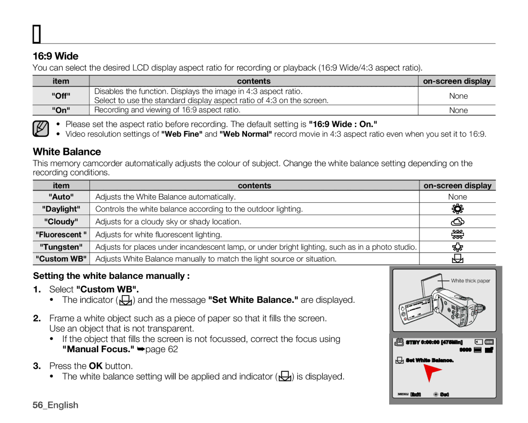 Samsung SMX-K400BP/EDC, SMX-K40SP/EDC, SMX-K45BP/EDC Wide, Setting the white balance manually Select Custom WB 