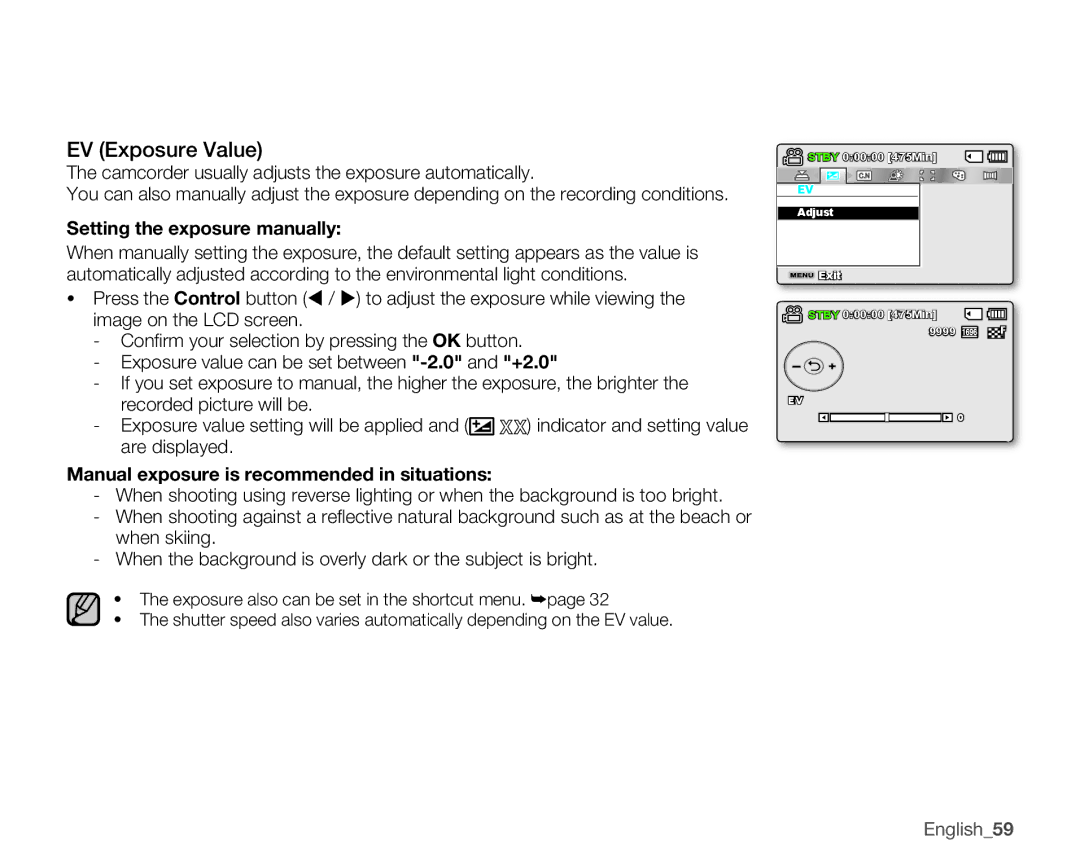 Samsung SMX-K45BP/MEA EV Exposure Value, Settingtheexposuremanually, Manualexposureisrecommendedinsituations 