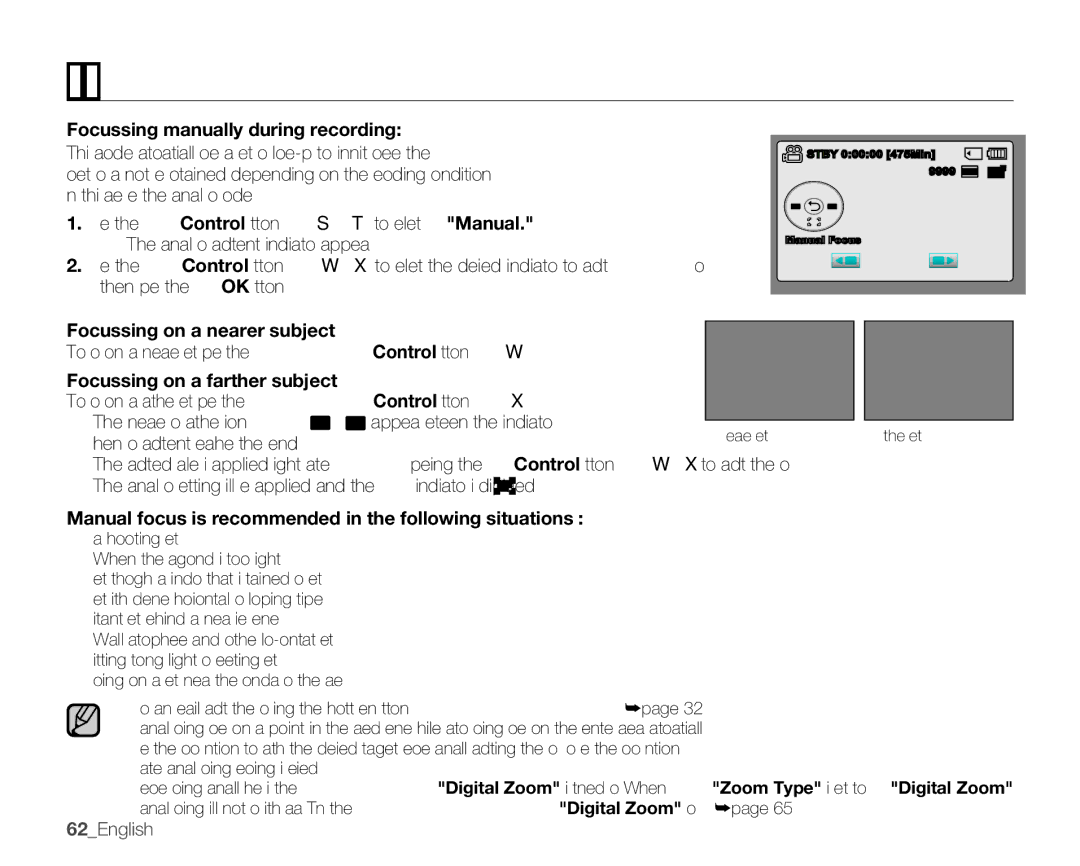 Samsung SMX-K44SP/EDC Focussingmanuallyduringrecording, To focus on a nearer subject, press the Control button  