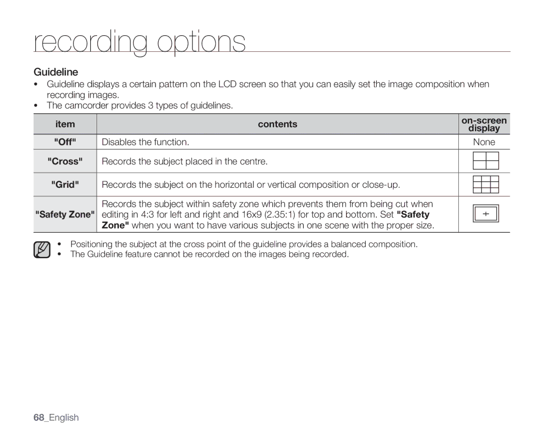 Samsung SMX-K40BP/XER, SMX-K40SP/EDC manual Guideline, Disables the function None, Records the subject placed in the centre 