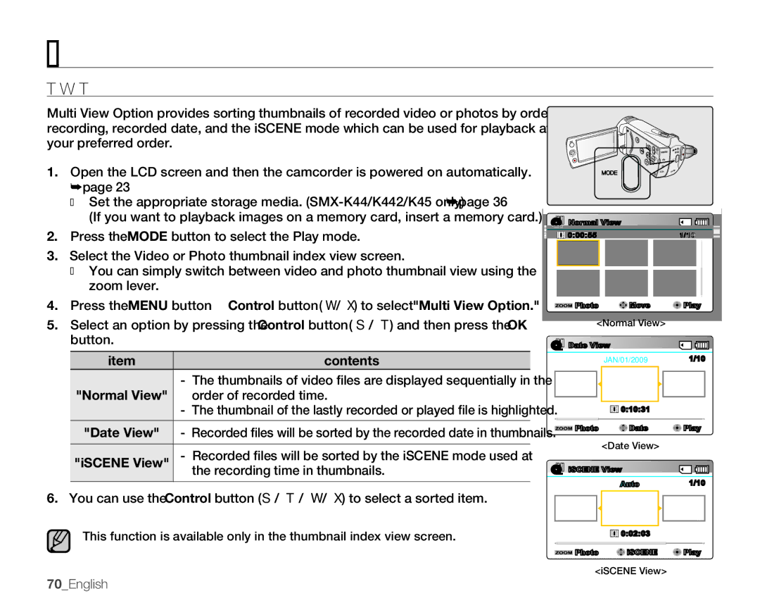 Samsung SMX-K40SP/XIL, SMX-K40SP/EDC, SMX-K45BP/EDC, SMX-K40LP/EDC manual Multi View Option, Recording time in thumbnails 