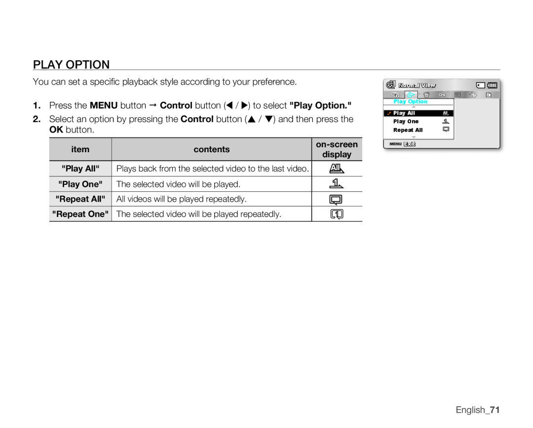Samsung SMX-K44SP/XIL Play Option, Contents On-screen, Selected video will be played, All videos will be played repeatedly 