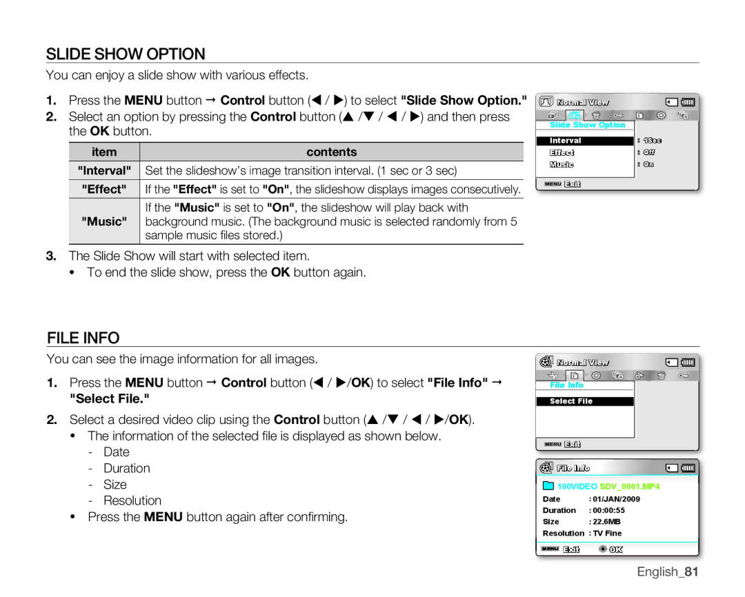 Samsung SMX-K44BP/XSH manual Slide Show Option, File Info, You can enjoy a slide show with various effects, SelectFile 