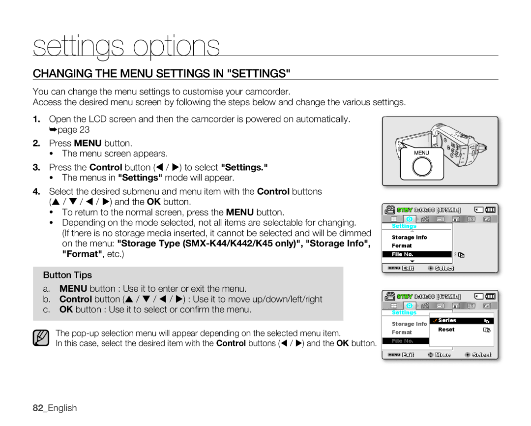 Samsung SMX-K40BP/MEA, SMX-K40SP/EDC Settings options, Changing the Menu Settings in Settings, Format , etc, Button Tips 