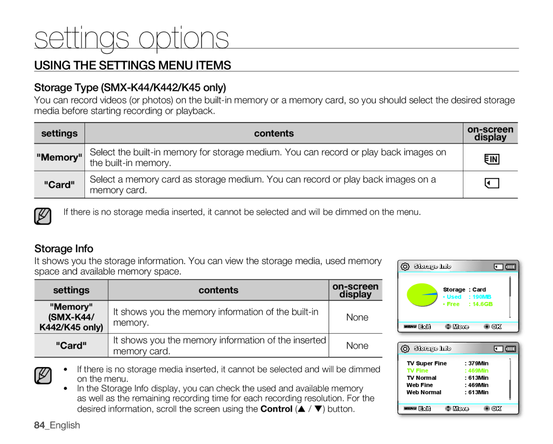 Samsung SMX-K44LP/EDC Using the Settings Menu Items, Storage Type SMX-K44/K442/K45 only, Storage Info, Settings Contents 