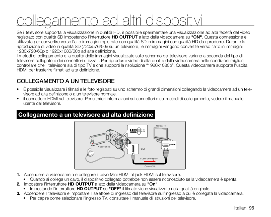 Samsung SMX-K40SP/EDC, SMX-K45BP/EDC manual Collegamento ad altri dispositivi, Collegamento a UN Televisore, Italian95 