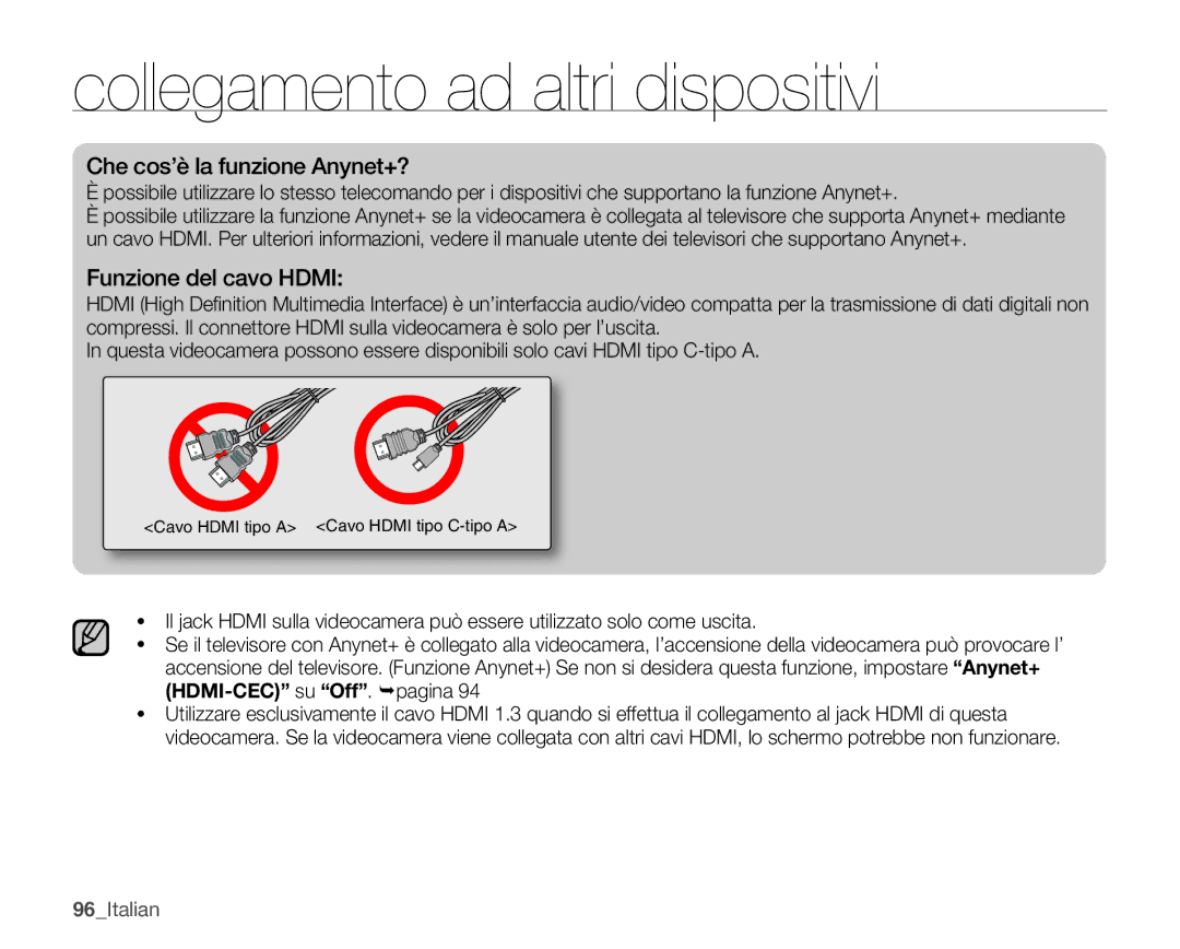 Samsung SMX-K45BP/EDC, SMX-K40SP/EDC, SMX-K40LP/EDC manual Che cos’è la funzione Anynet+?, Funzione del cavo Hdmi, 96Italian 