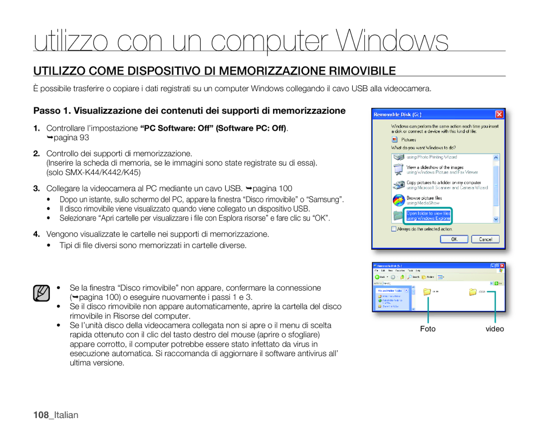 Samsung SMX-K44BP/EDC, SMX-K40SP/EDC, SMX-K45BP/EDC manual Utilizzo Come Dispositivo DI Memorizzazione Rimovibile, 108Italian 