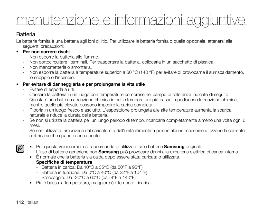 Samsung SMX-K40LP/EDC manual Batteria, Per non correre rischi, Per evitare di danneggiarla e per prolungarne la vita utile 