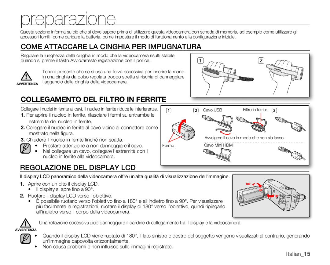 Samsung SMX-K40SP/EDC Preparazione, Come Attaccare LA Cinghia PER Impugnatura, Regolazione DEL Display LCD, Italian15 