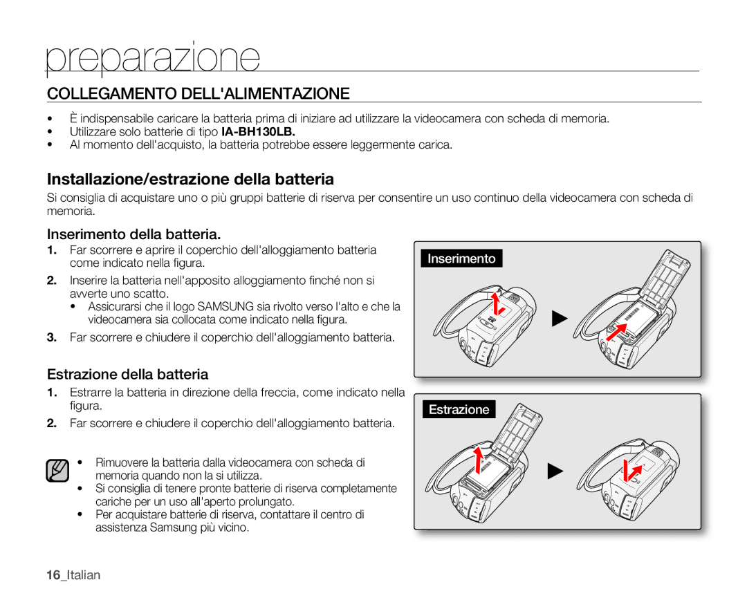 Samsung SMX-K45BP/EDC Collegamento Dellalimentazione, Inserimento della batteria, Estrazione della batteria, 16Italian 