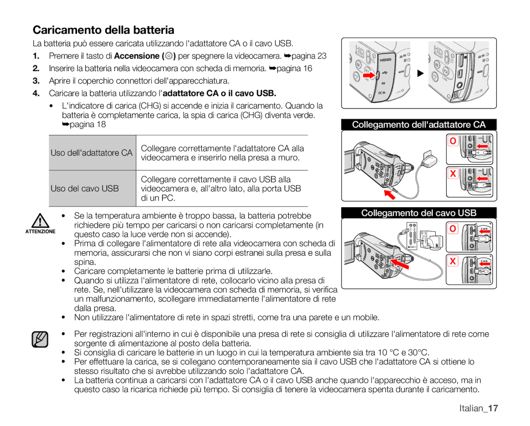 Samsung SMX-K40LP/EDC, SMX-K40SP/EDC, SMX-K45BP/EDC, SMX-K44BP/EDC, SMX-K40BP/EDC manual Caricamento della batteria, Italian17 