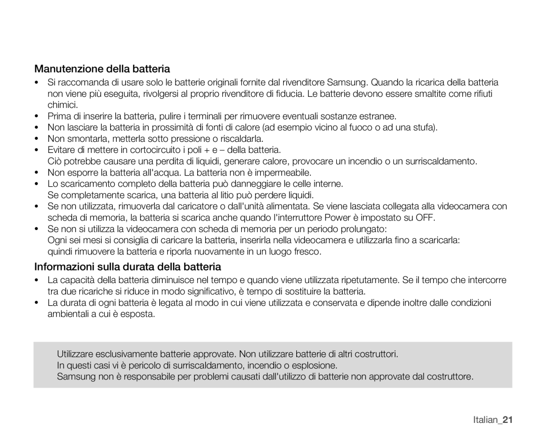 Samsung SMX-K45BP/EDC, SMX-K40SP/EDC manual Manutenzione della batteria, Informazioni sulla durata della batteria, Italian21 