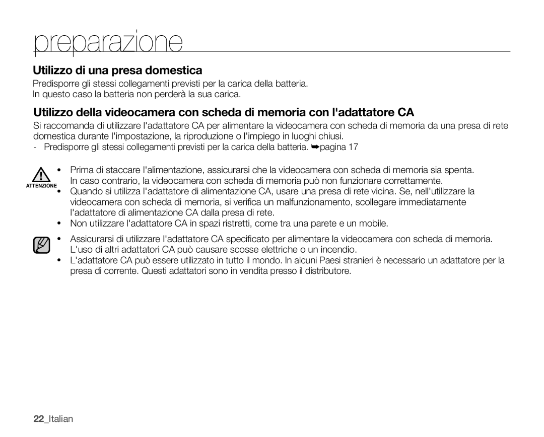 Samsung SMX-K40LP/EDC, SMX-K40SP/EDC, SMX-K45BP/EDC, SMX-K44BP/EDC, SMX-K40BP/EDC Utilizzo di una presa domestica, 22Italian 