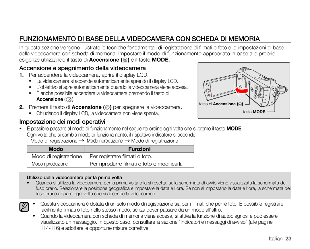 Samsung SMX-K44BP/EDC manual Accensione e spegnimento della videocamera, Impostazione dei modi operativi, Modo Funzioni 