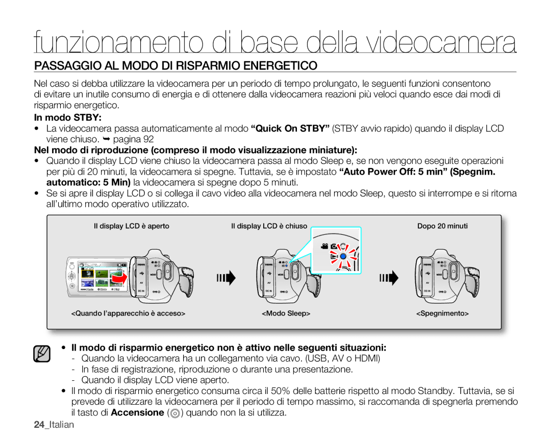 Samsung SMX-K40BP/EDC, SMX-K40SP/EDC, SMX-K45BP/EDC manual Passaggio AL Modo DI Risparmio Energetico, Modo Stby, 24Italian 