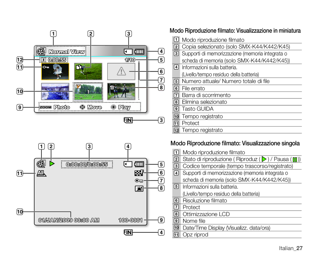 Samsung SMX-K40LP/EDC, SMX-K40SP/EDC, SMX-K45BP/EDC Modo Riproduzione ﬁlmato Visualizzazione singola, Nome ﬁle, Italian27 