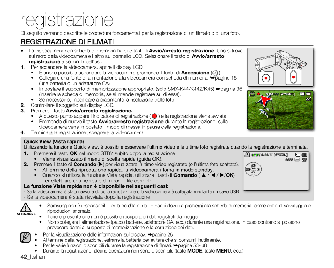 Samsung SMX-K40LP/EDC, SMX-K40SP/EDC, SMX-K45BP/EDC, SMX-K44BP/EDC, SMX-K40BP/EDC manual Registrazione DI Filmati, 42Italian 