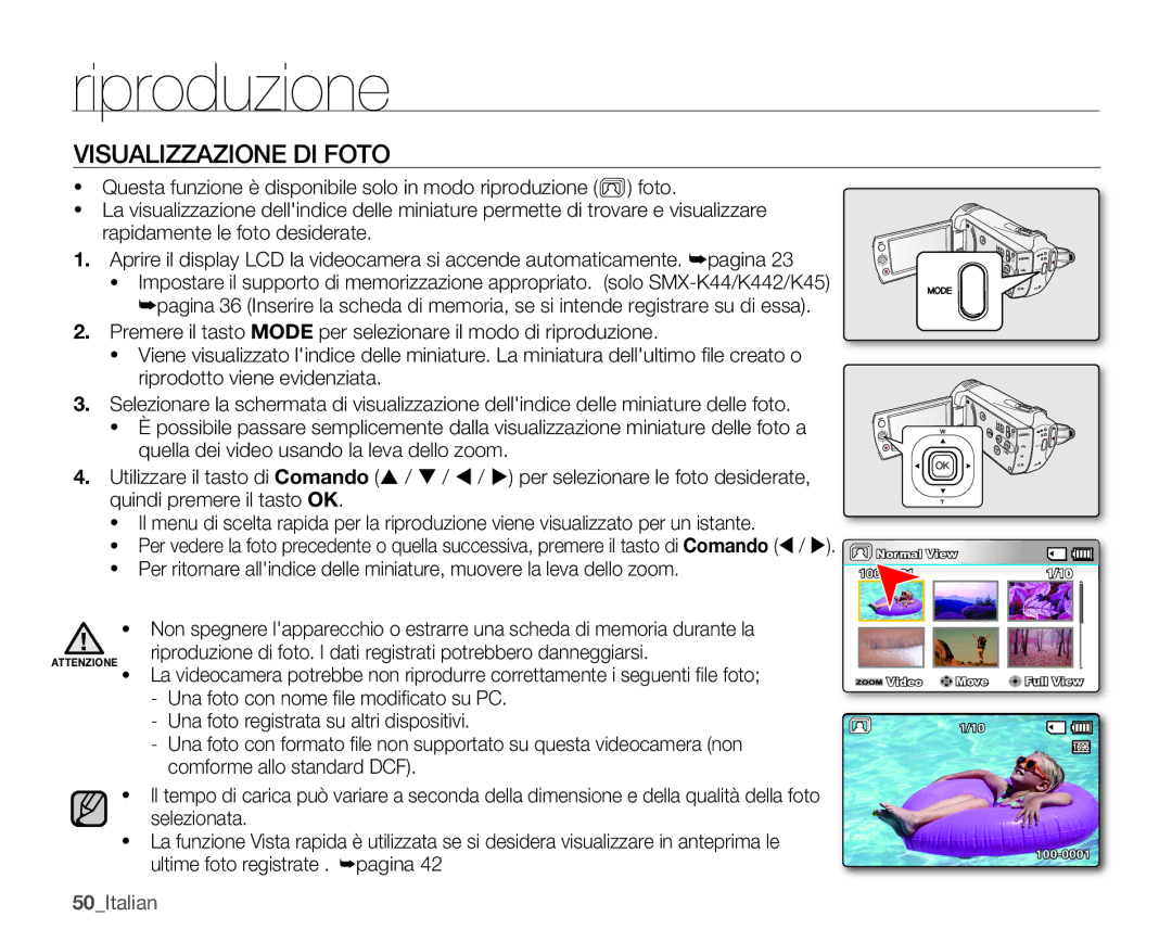 Samsung SMX-K40SP/EDC, SMX-K45BP/EDC, SMX-K40LP/EDC, SMX-K44BP/EDC, SMX-K40BP/EDC manual Visualizzazione DI Foto, 50Italian 