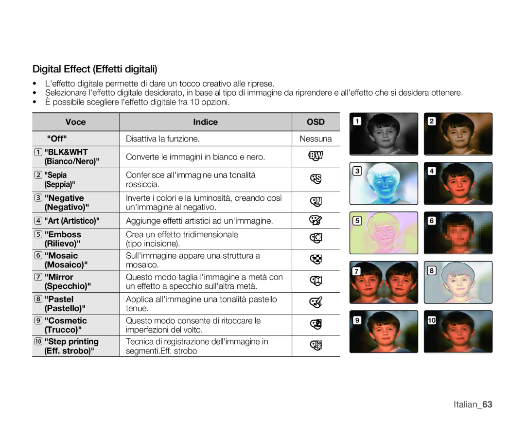 Samsung SMX-K44BP/EDC, SMX-K40SP/EDC, SMX-K45BP/EDC, SMX-K40LP/EDC, SMX-K40BP/EDC Digital Effect Effetti digitali, Italian63 