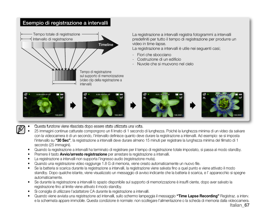 Samsung SMX-K40LP/EDC, SMX-K40SP/EDC, SMX-K45BP/EDC, SMX-K44BP/EDC manual Esempio di registrazione a intervalli, Italian67 
