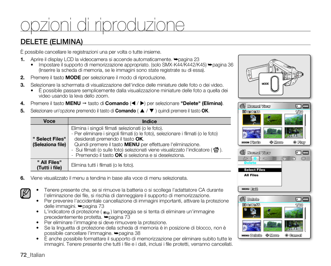 Samsung SMX-K40LP/EDC, SMX-K40SP/EDC, SMX-K45BP/EDC, SMX-K44BP/EDC, SMX-K40BP/EDC manual Delete Elimina, 72Italian 