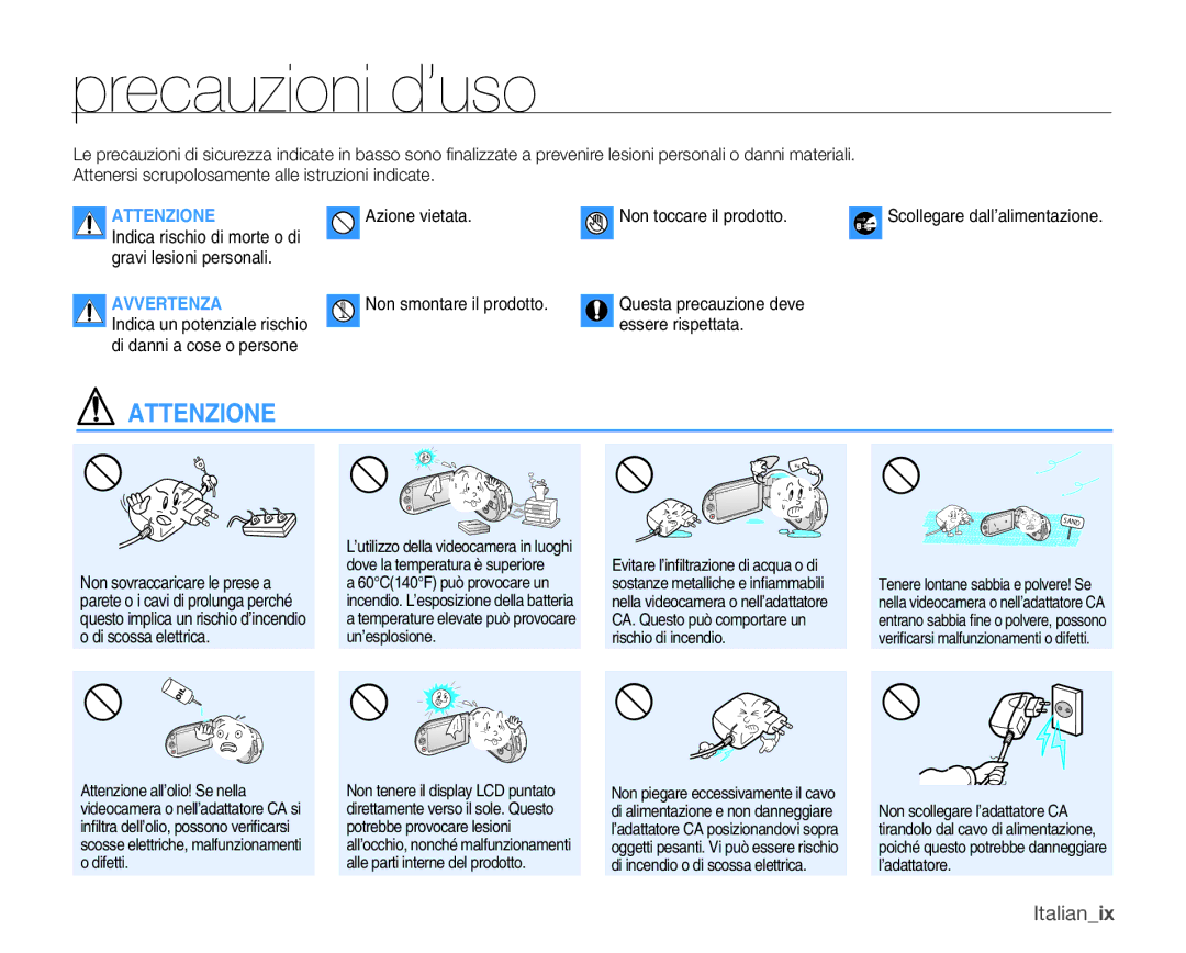 Samsung SMX-K40BP/EDC, SMX-K40SP/EDC, SMX-K45BP/EDC, SMX-K40LP/EDC, SMX-K44BP/EDC manual Precauzioni d’uso, Italianix 