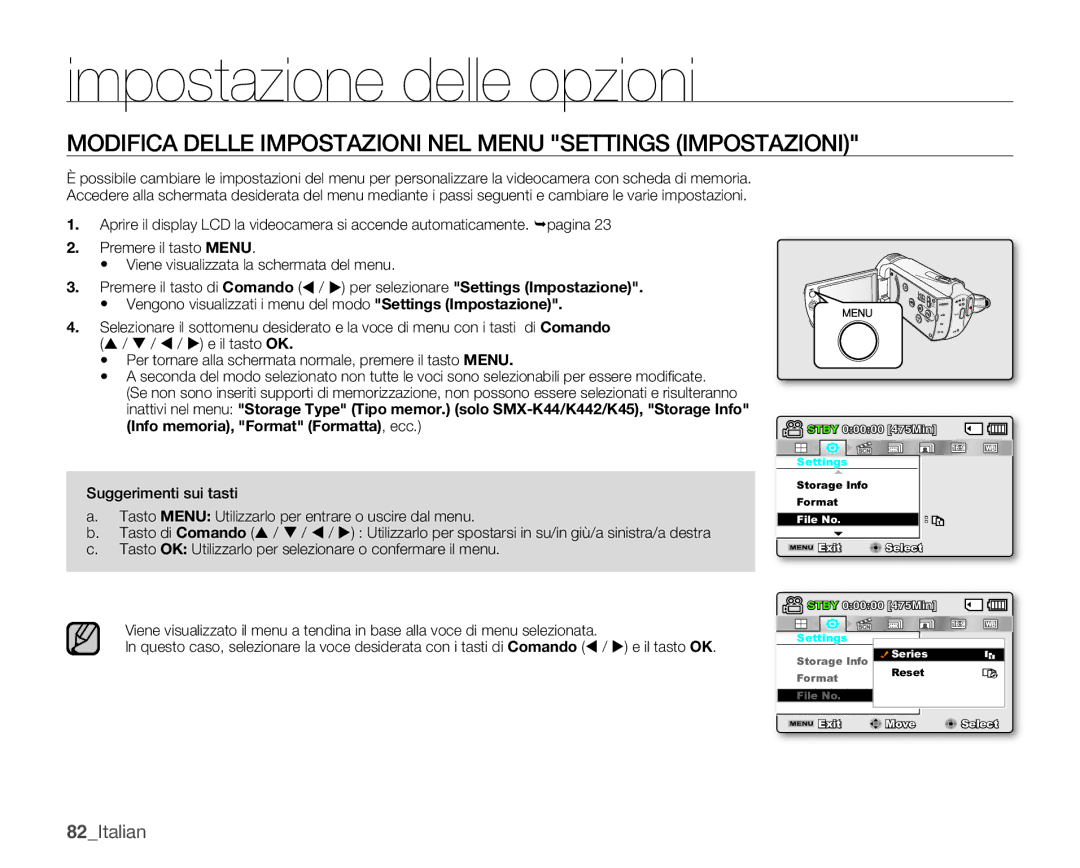 Samsung SMX-K40LP/EDC Impostazione delle opzioni, Modifica Delle Impostazioni NEL Menu Settings Impostazioni, 82Italian 