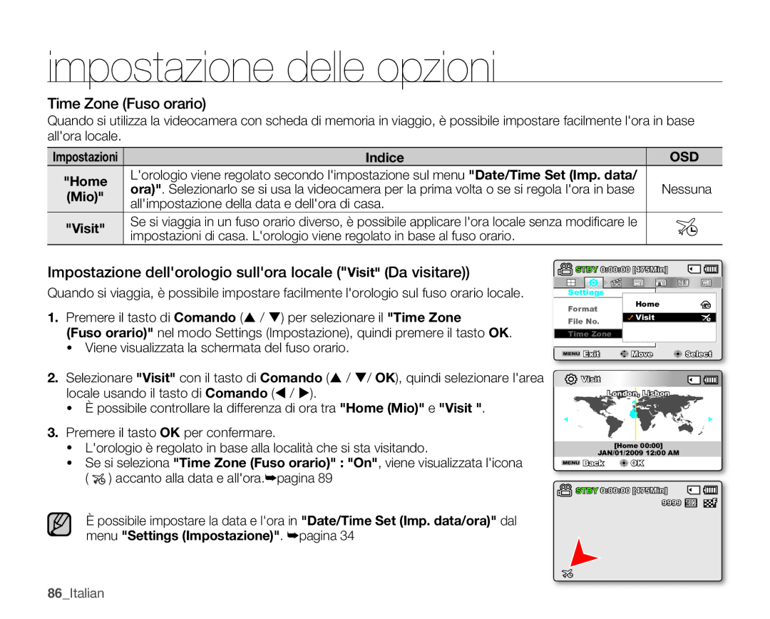 Samsung SMX-K45BP/EDC Time Zone Fuso orario, Impostazione dellorologio sullora locale Visit Da visitare, Indice, Nessuna 