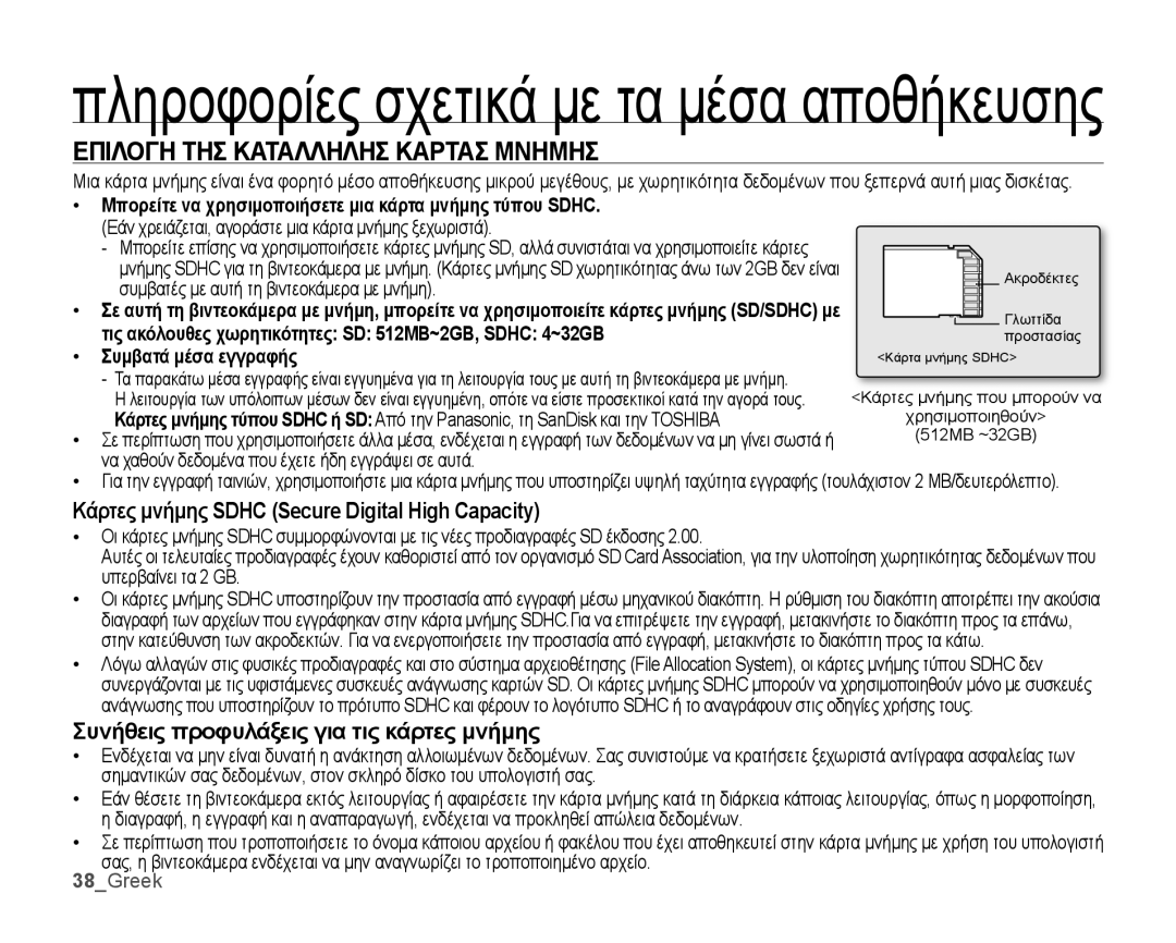 Samsung SMX-K44BP/EDC, SMX-K40BP/EDC Επιλογη ΤΗΣ Καταλληλησ Καρτασ Μνημησ, Κάρτες μνήμης Sdhc Secure Digital High Capacity 