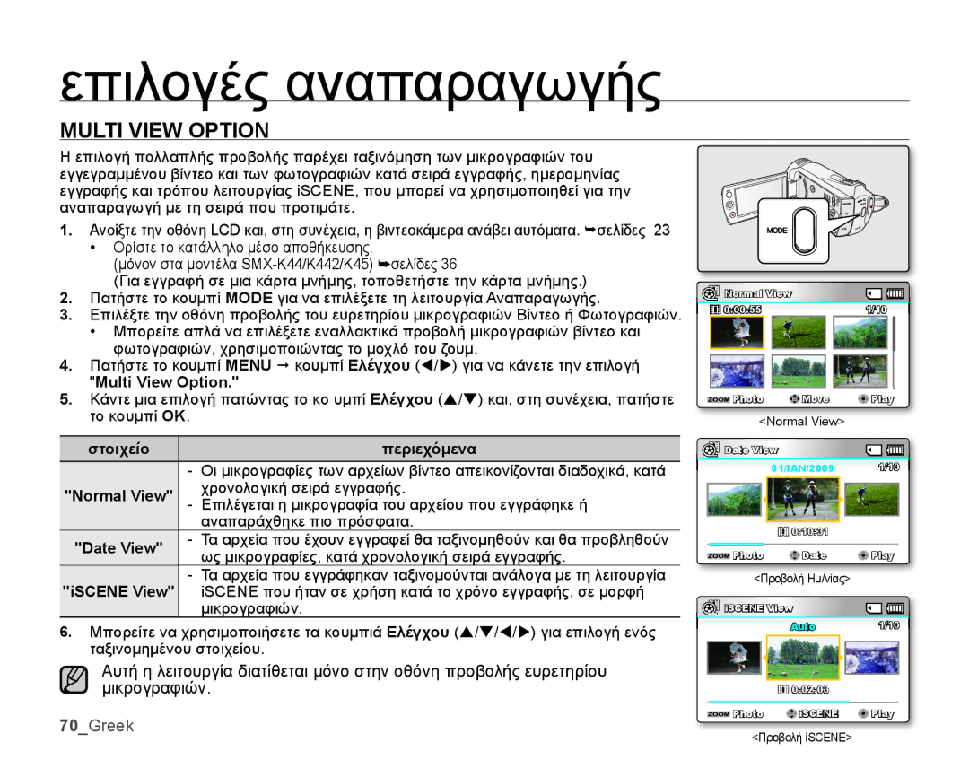 Samsung SMX-K44BP/EDC, SMX-K40BP/EDC manual Multi View Option, 70Greek, Περιεχόμενα, Normal View, Date View 