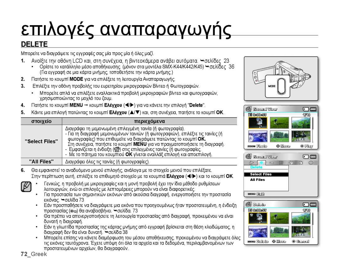 Samsung SMX-K44BP/EDC, SMX-K40BP/EDC manual Delete, 72Greek, All Files Διαγράφει όλες τις ταινίες ή φωτογραφίες 