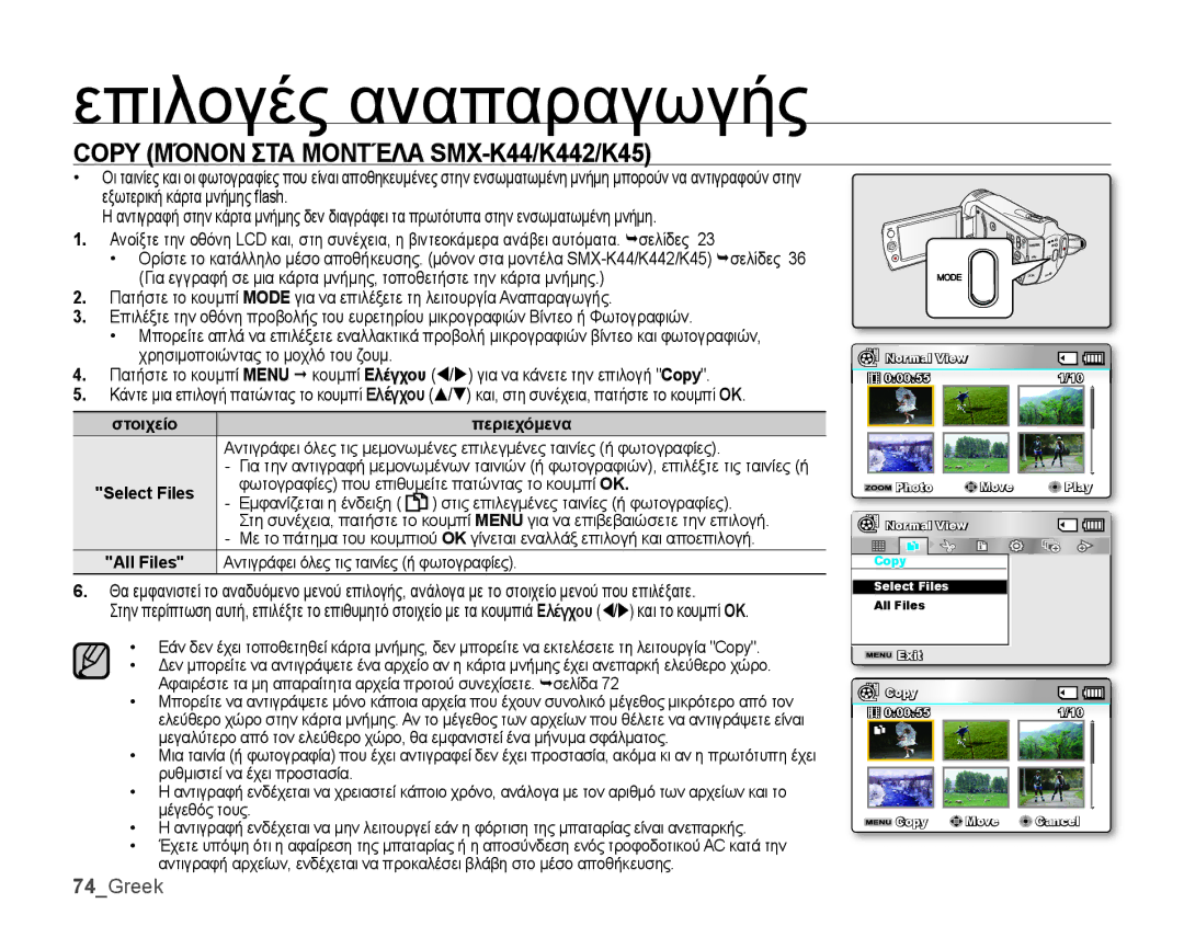 Samsung SMX-K44BP/EDC, SMX-K40BP/EDC manual Copy ΜόΝΟΝ ΣΤΑ Μοντέλα SMX-K44/K442/K45, 74Greek, Στοιχείο Περιεχόμενα 