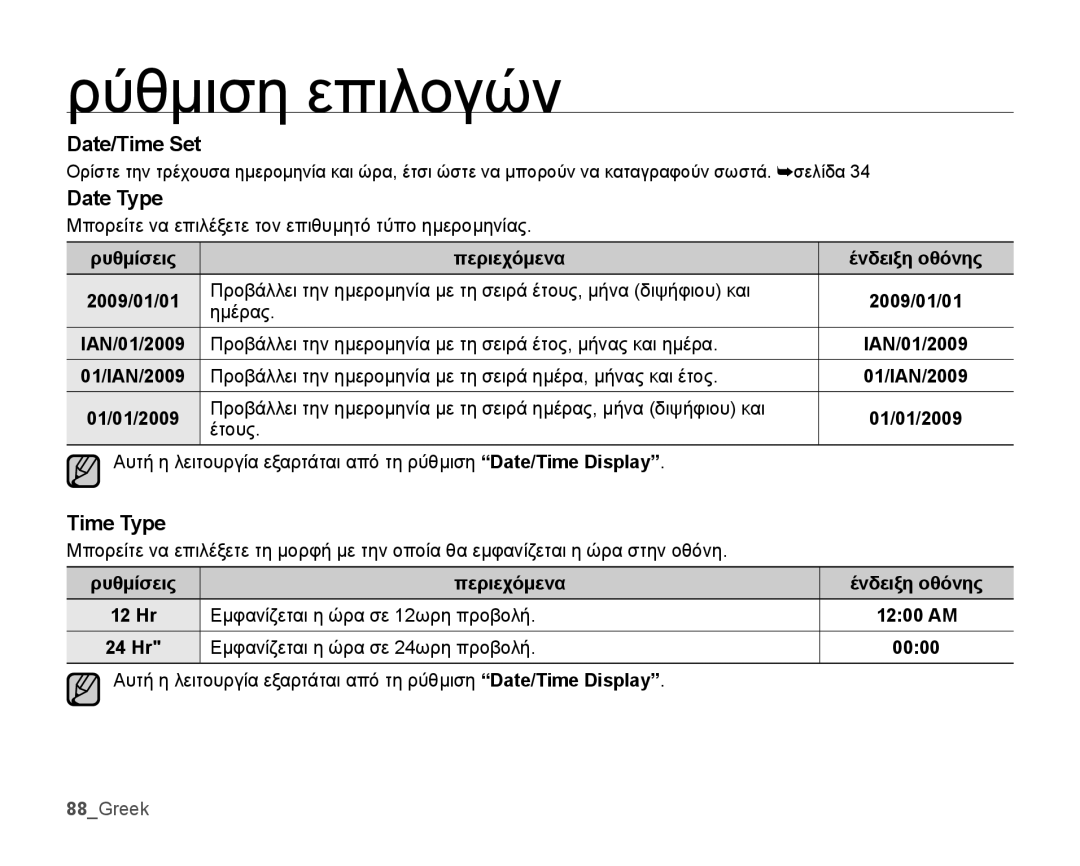 Samsung SMX-K44BP/EDC, SMX-K40BP/EDC manual Date/Time Set, Date Type, Time Type, Ρυθμίσεις Περιεχόμενα Ένδειξη οθόνης 