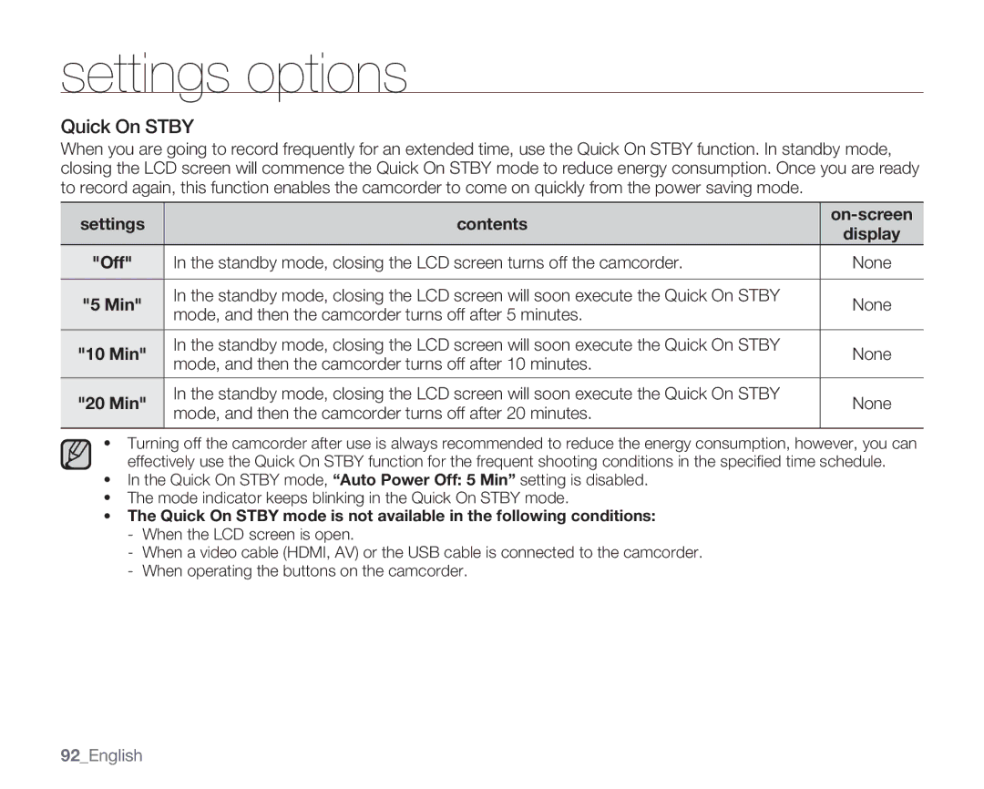 Samsung SMX-K45BN, SMX-K44SN, SMX-K45SN, SMX-K40BN, SMX-K44LN, SMX-K40SN, SMX-K40LN, SMX-K45LN Quick On Stby, 10 Min, 20 Min 