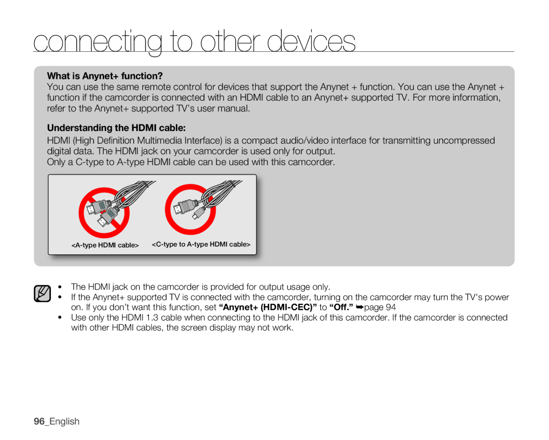 Samsung SMX-K40BN, SMX-K44SN, SMX-K45SN, SMX-K44LN, SMX-K40SN WhatisAnynet+function? UnderstandingtheHDMIcable 